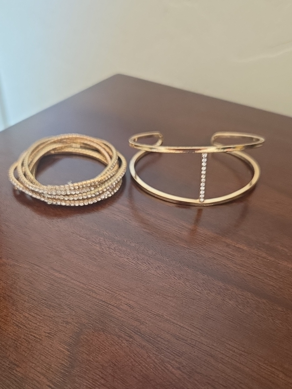 Gold Crystal Vertical Bar Cuff and Multi-Row Wrap Bracelet Set